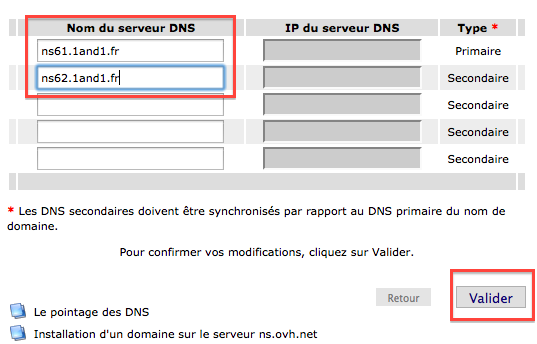 Les DNS de 1&1 à indiquer chez votre registrar OVH