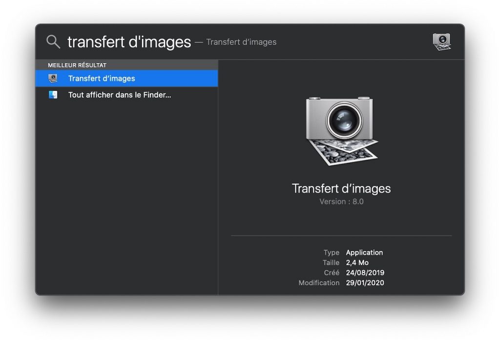 Ouvrir le transfert d'images sous Mac