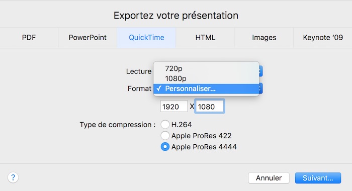 Personnalisez les paramètres d'exportation de votre fichier vidéo avec Keynote