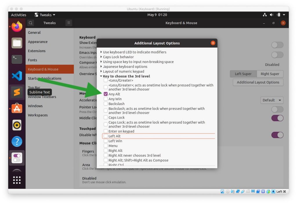 Choisir l'option pour utiliser la touche alt gauche avec un clavier macintosh sur Ubuntu tournant avec VirtualBox