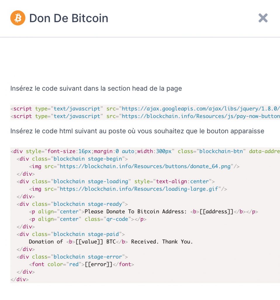 Code HTML pour intégrer le bouton de don en Bitcoin sur votre site WordPress (ou autre)