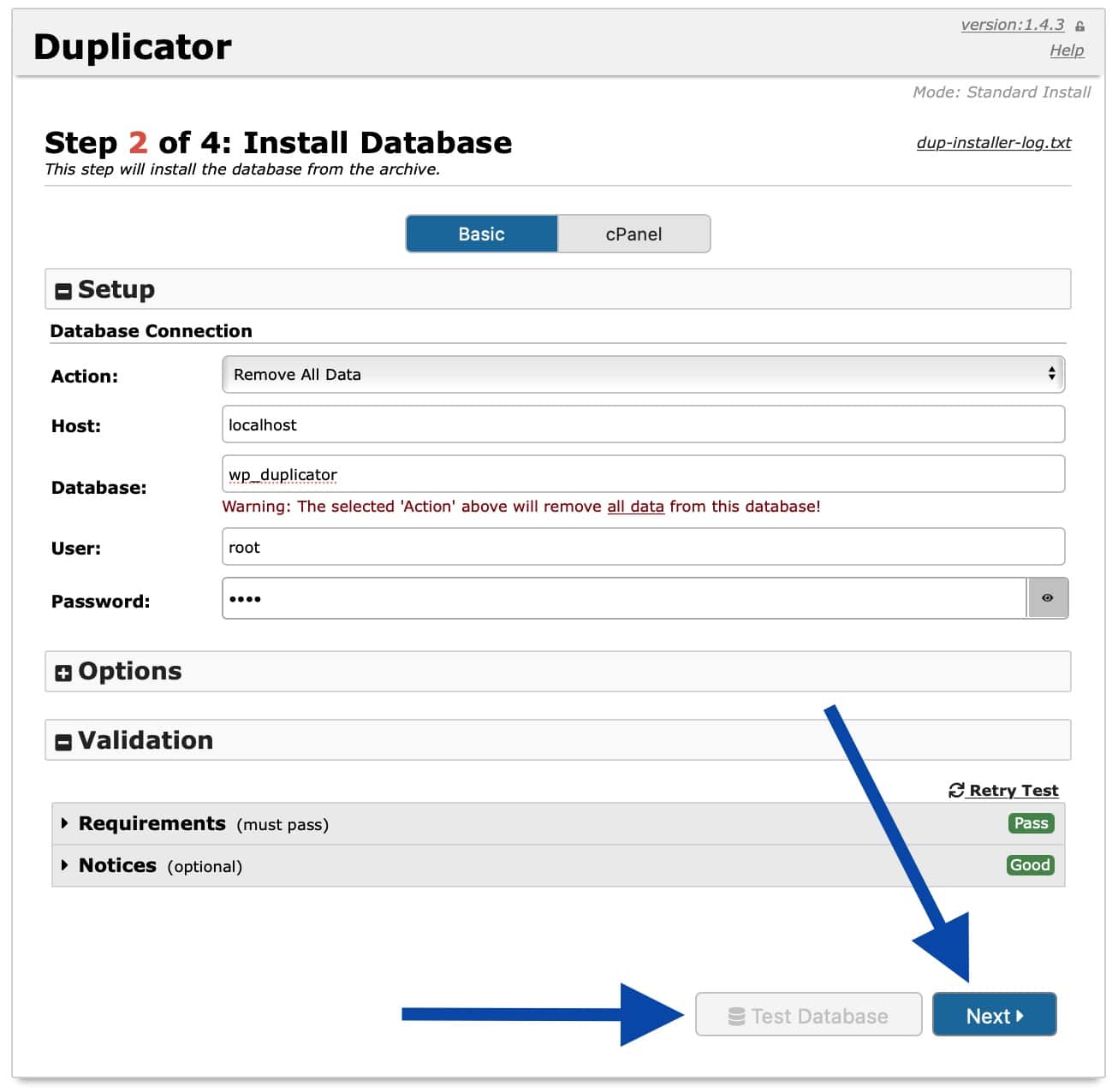 Base de données : deuxième étape de l'importation avec Duplicator