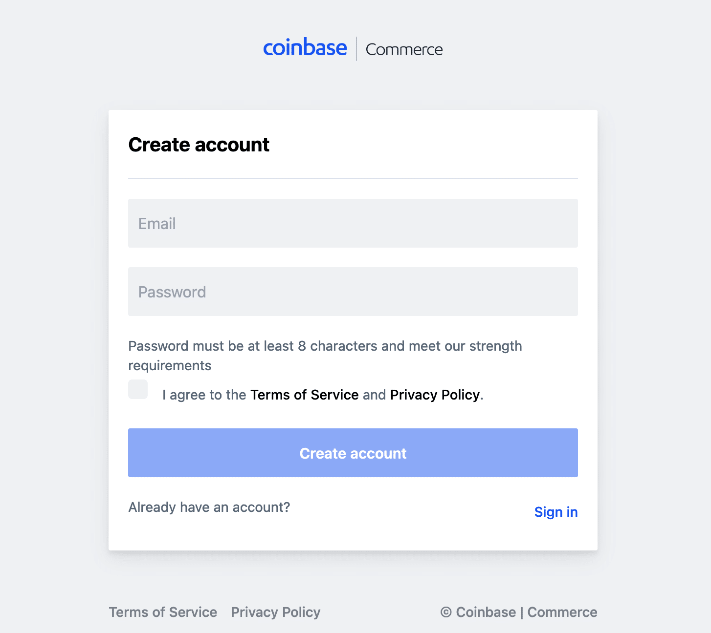 Page d'inscription à Coinbase Commerce