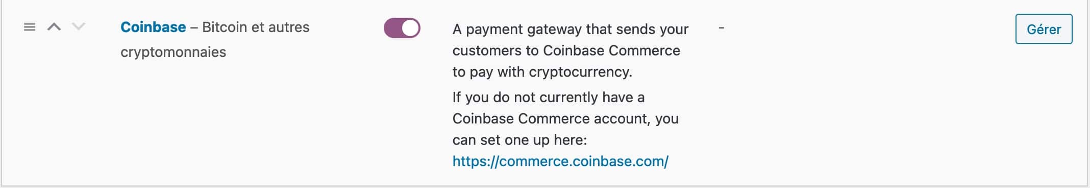Le moyen de paiement Coinbase dans les réglages de WooCommerce